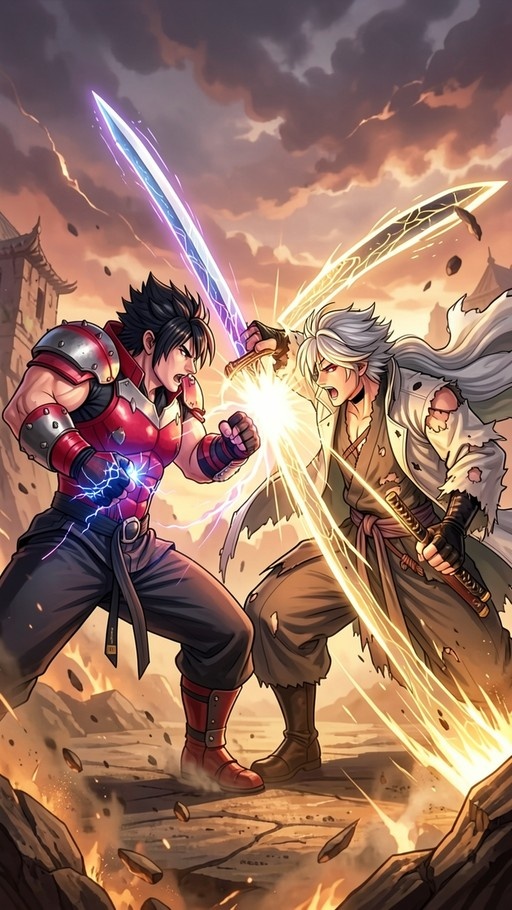 Two anime warriors clashing swords in a dramatic battle; one with black hair and red armor wields a blue electric sword while the other with long white hair and tattered robes strikes with a yellow lightning katana.