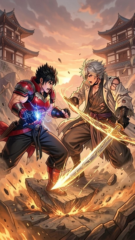 Two anime-style warriors fighting in a rocky courtyard at sunset, one wielding lightning and the other a glowing sword.