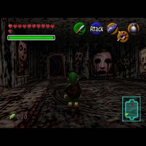 Link walks away from the camera down a dark hallway in an N64-style game, passing portraits with distorted faces while VHS static flickers over the screen.