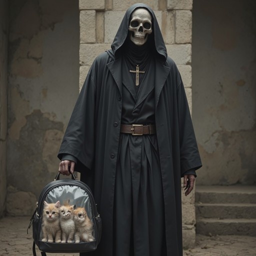 A skeletal figure wearing a black hooded robe and cross necklace holds a clear backpack containing three orange kittens against a stone wall background.
