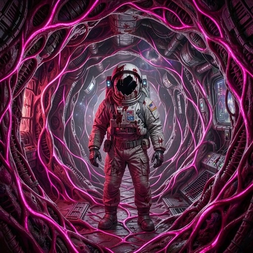A full-body shot of a blood-stained astronaut standing in a metallic tunnel with glowing pink organic walls, zooming into the broken helmet visor.