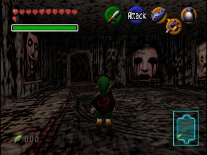 A video game character resembling Link in a green tunic walks away from the camera down a dark hallway lined with framed portraits featuring distorted, scary faces.