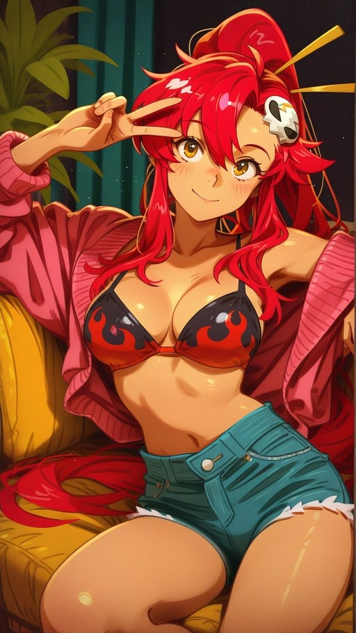 Red-haired anime girl Yoko Littner sits on a yellow couch wearing a black flame bikini top and teal shorts, flashing a peace sign with a pink jacket draped over her shoulders.