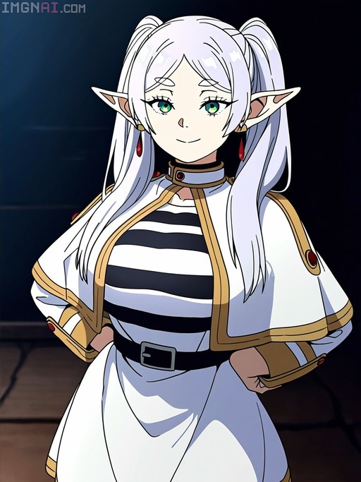 Frieren from Sousou no Frieren stands with hands on hips, smiling in a striped shirt and white capelet.