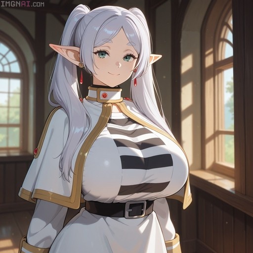 A digital illustration of the elf mage Frieren from *Frieren: Beyond Journey's End*, featuring long silver hair in twintails and pointed ears, wearing a white capelet over a black-and-white striped top while smiling near a sunlit window.
