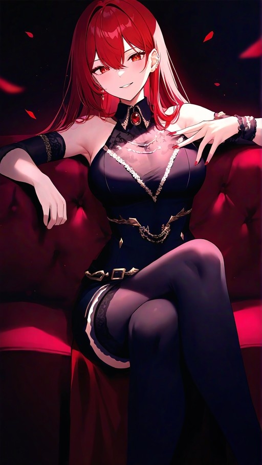 Anime character Viper with red hair and eyes sitting on a red couch in a dark blue dress.
