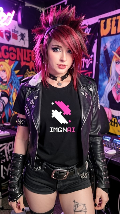 A punk woman with spiky pink hair wearing a leather jacket and graphic tee stands in an arcade.