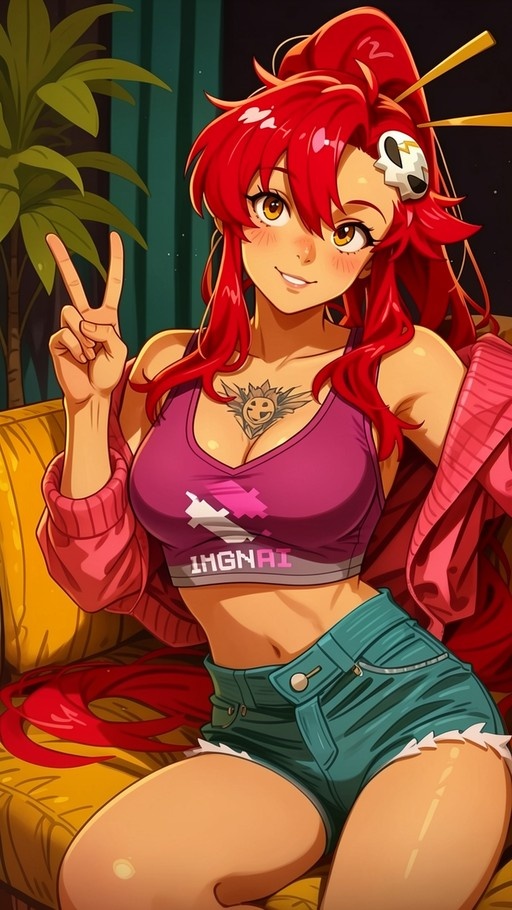 Yoko Littner with long red hair in a ponytail sits on a yellow couch wearing a purple crop top and teal shorts while flashing a peace sign.