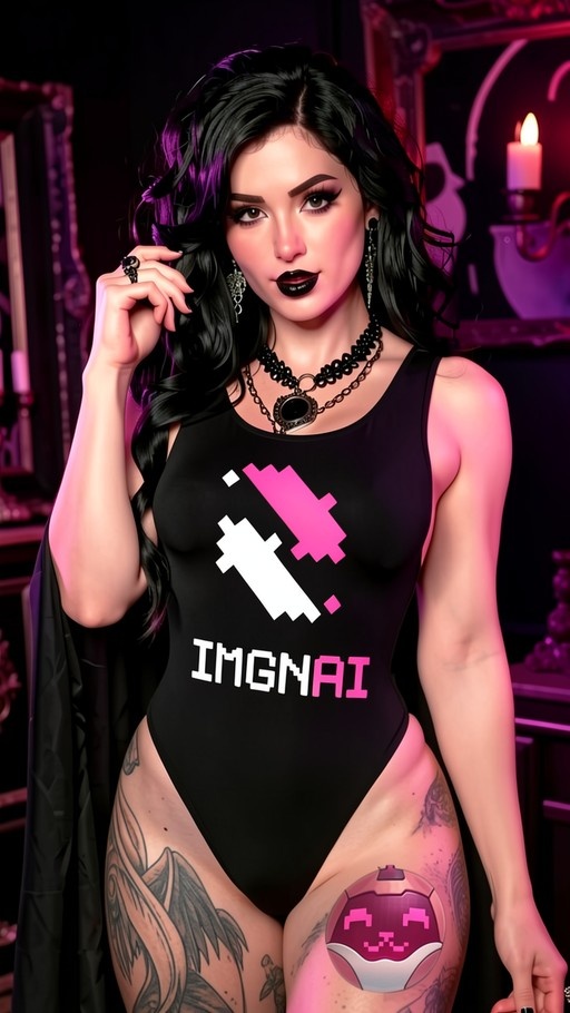A goth woman with long black and purple hair poses in a black one-piece swimsuit featuring a pixelated logo, displaying prominent leg tattoos including a wing design and a pixel-art sphere under candlelight.