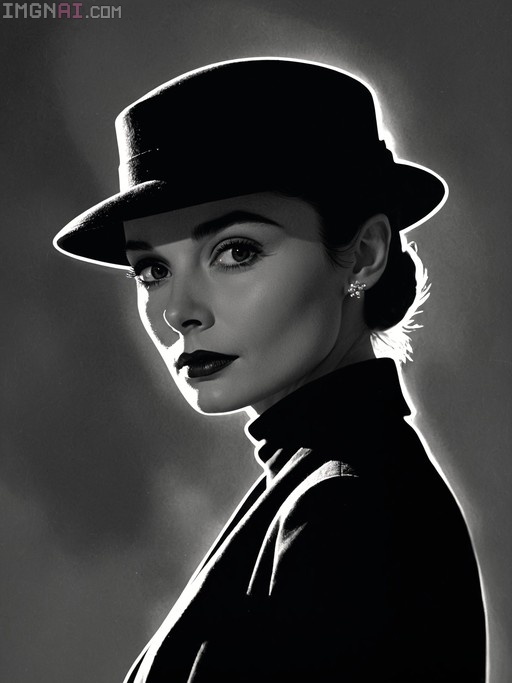 A monochrome digital painting of Audrey Hepburn wearing a dark hat and high-collared outfit, illuminated by dramatic backlighting in a neo-noir style.