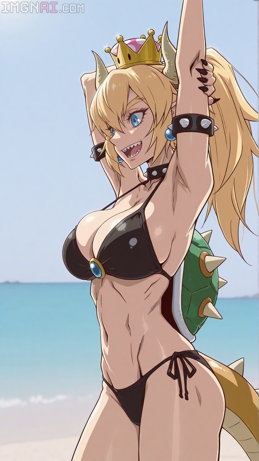 Bowsette in a black bikini stretching her arms up on a sunny beach, featuring a golden crown and green spiked shell.