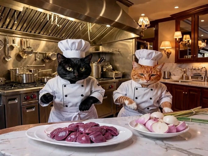 Two cats dressed as chefs in a kitchen preparing beef liver and onions.