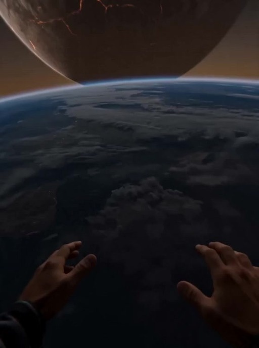 A first-person view shows a massive scarred planet looming in the darkening sky before colliding with Earth, causing tectonic upheaval and fiery explosions.