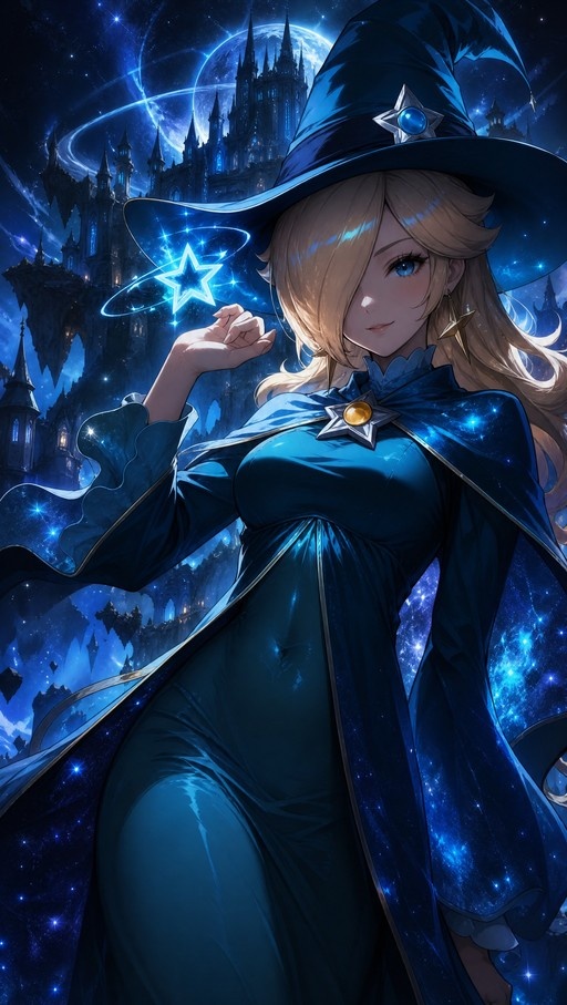 Rosalina in a blue witch hat and dress holding a glowing star with a castle in the background.