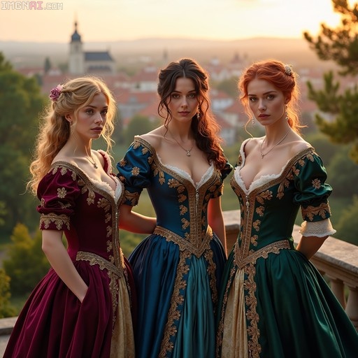 Three women in elaborate Baroque gowns standing on a balcony overlooking a city at sunset.