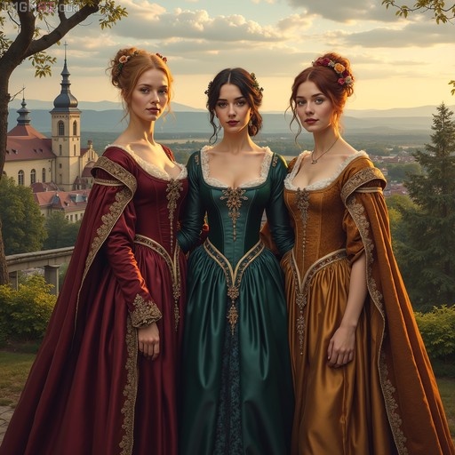 Three women in red, green, and gold medieval dresses standing outdoors with a village view