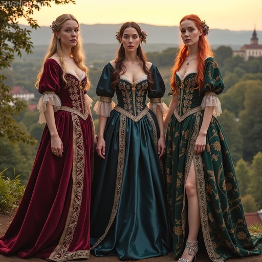 Three women wearing ornate maroon, teal, and green medieval gowns with flower crowns stand outdoors overlooking a valley at sunset.