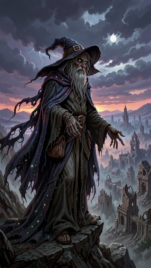 An elderly wizard with a long white beard and tattered starry cloak stands on a cliff edge overlooking misty castle ruins under a cloudy night sky.