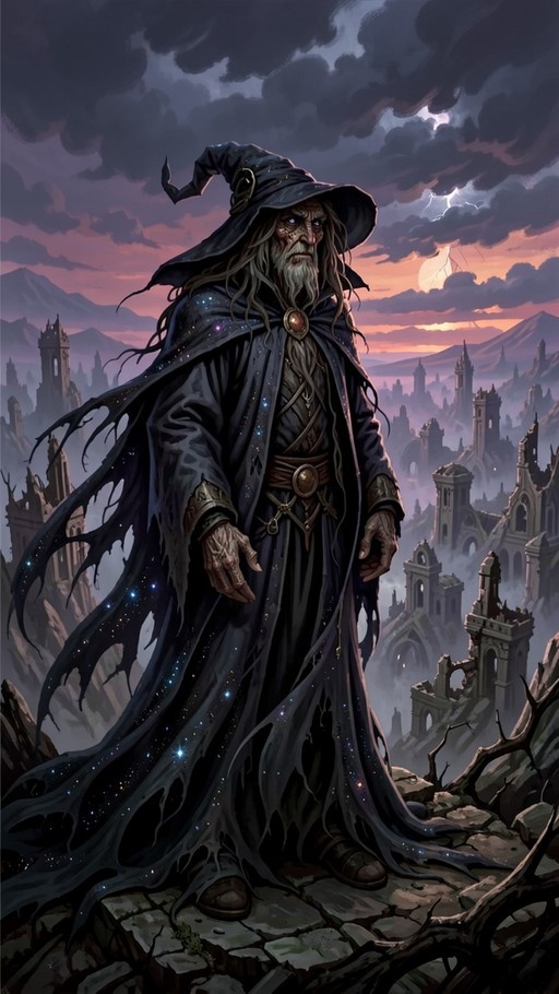 An elderly wizard with a long white beard and pointed hat stands on rocky ruins wearing a starry dark robe, overlooking ancient castle towers under a stormy purple sky with lightning.