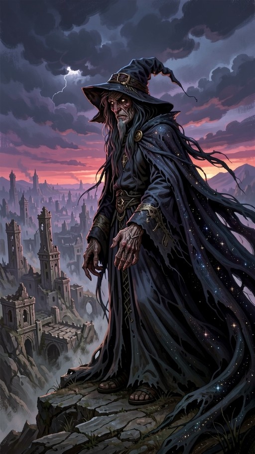 An elderly wizard with long grey hair and a pointed hat stands on a rocky cliff, overlooking ancient ruins under a stormy purple sky with lightning.