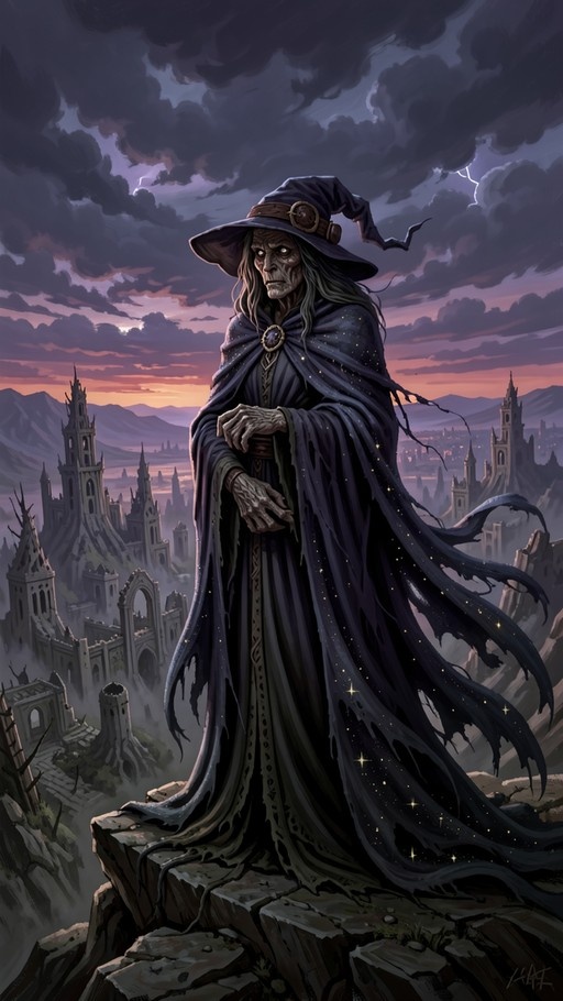 An elderly witch with pale skin and long grey hair wearing a pointed purple hat and tattered dark cloak stands on a rocky cliff overlooking ancient ruins under a stormy sky.