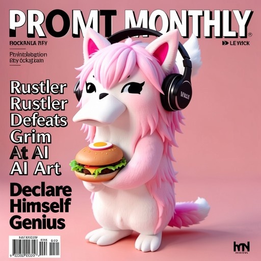 A pink and white furry creature with large ears and headphones holds a cheeseburger while standing against a pink background on a "Prompt Monthly" magazine cover.