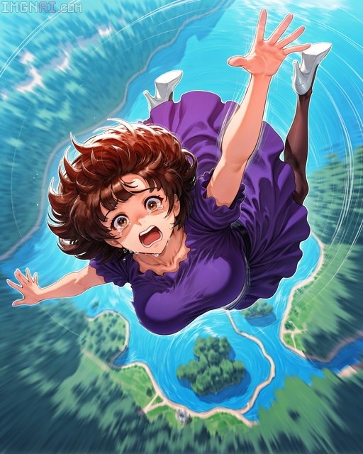 A terrified brown-haired woman in a purple dress and white heels falls through the air above a winding river, tears streaming down her face as she reaches out.