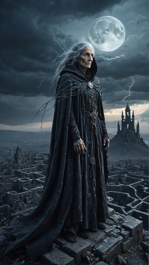 Elderly woman in black cloak standing on ruins under full moon with lightning.