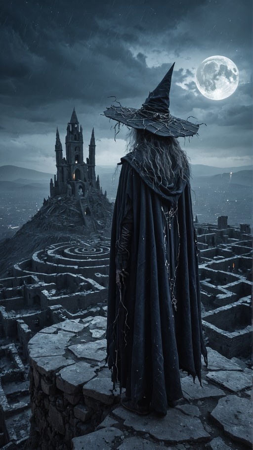 A figure in a tattered black cloak and pointed witch hat stands on stone ruins facing away from the viewer, overlooking a gothic tower and spiral maze under a rainy night sky with a large full moon.