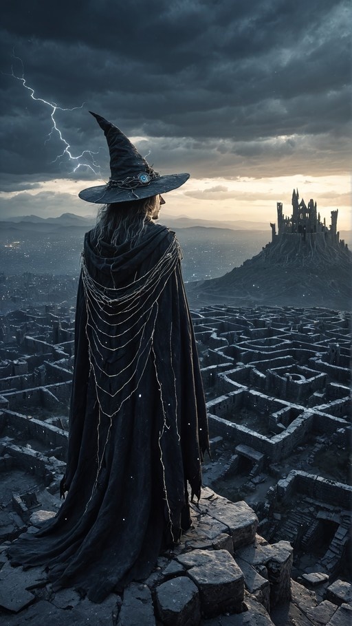 A lone figure wearing a tall pointed witch's hat and a dark cape stands on a rocky outcrop, facing away from the viewer toward a vast landscape of stone ruins and a distant castle under a stormy sky with lightning.
