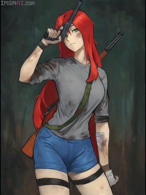 An impasto oil painting of a red-haired anime woman in a grey shirt and blue shorts holding a gun to her head, with a rifle on her back and bandaged arms.