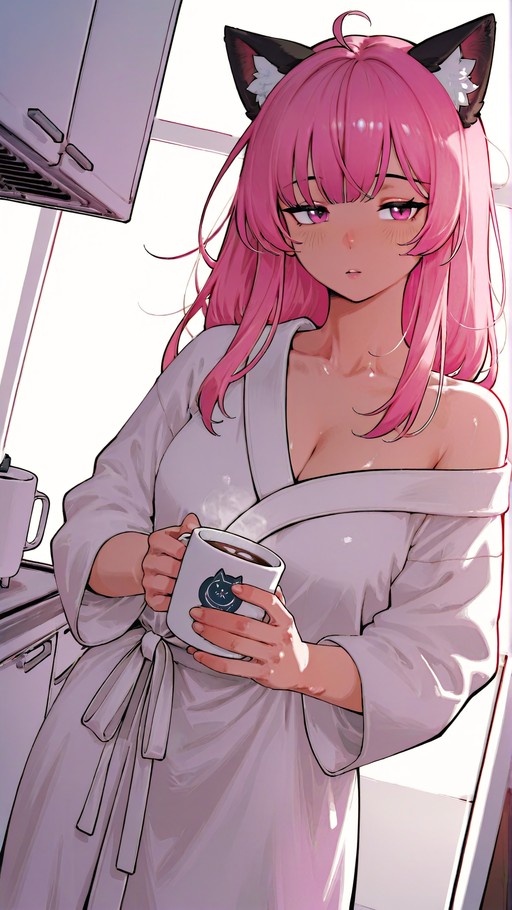 A pink-haired anime girl with black cat ears wearing a white off-shoulder robe holds a steaming mug in a kitchen.