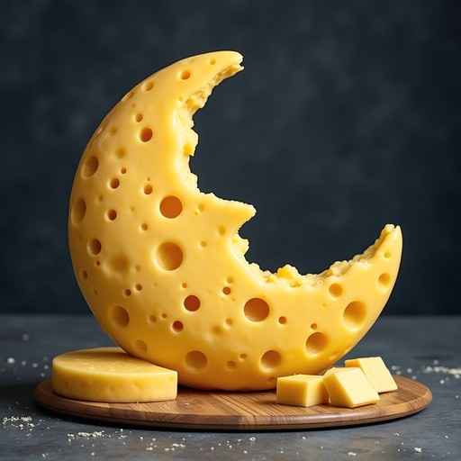 A large piece of Swiss cheese shaped like a crescent moon sitting on a wooden board with smaller cheese cubes nearby.