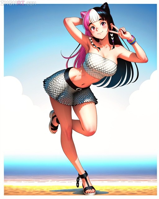 An anime-style girl with pink and black split hair stands on one leg on a beach wearing a silver chainmail tube top and skirt while making a peace sign.