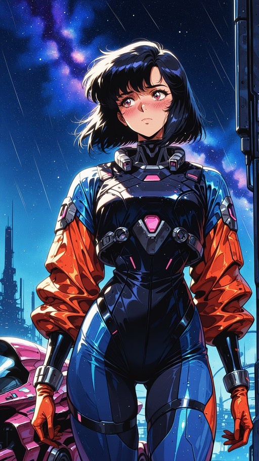 A blushing anime woman with short black hair and red eyes wears a blue and orange futuristic bodysuit, standing in the rain under a starry nebula sky near a cyberpunk vehicle.