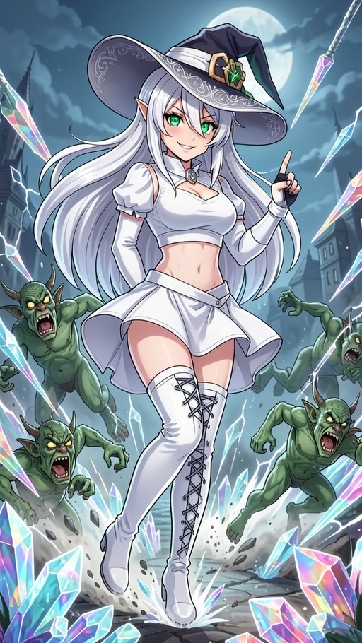 A white-haired elf witch in a pointed hat and white outfit casts glowing crystal magic while surrounded by attacking green goblins under a full moon.