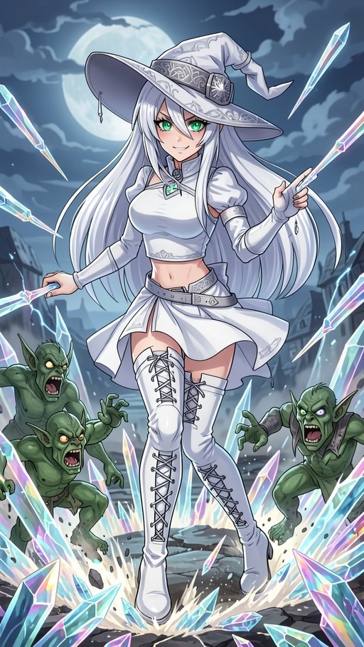 Anime illustration of a white-haired witch in white armor summoning glowing ice crystals to fight three green goblins under a large full moon.