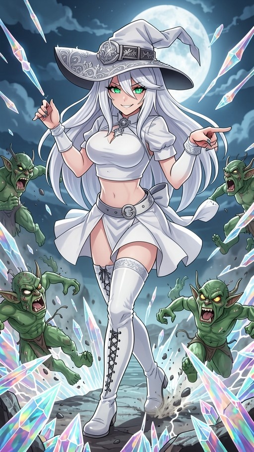 Anime style white haired witch in white outfit surrounded by four green goblins and glowing ice crystals under a full moon.