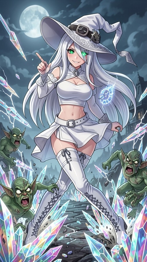 A white-haired witch in a large hat and thigh-high boots stands among ice crystals fighting green goblins under a full moon.