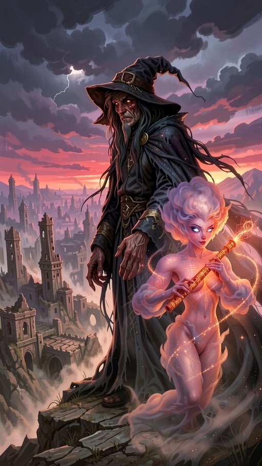 A tall bearded wizard in a pointed hat stands on a cliff edge overlooking ruined towers while an ethereal glowing woman plays a golden flute nearby.