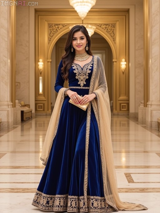 A full-body portrait of a woman in a royal blue velvet Anarkali dress with gold embroidery standing in a grand marble hall.