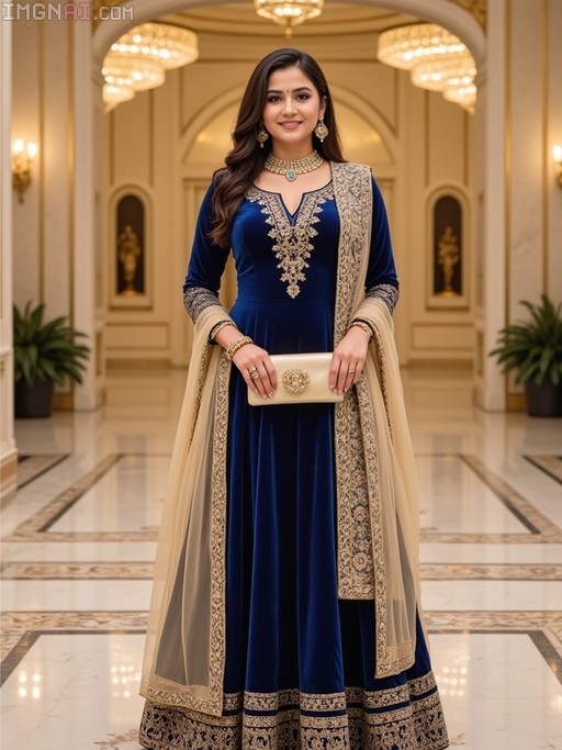 A smiling woman in a blue velvet Anarkali gown with gold embroidery stands in an opulent marble hall holding a gold clutch.