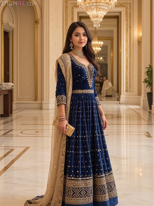 Full-body portrait of a smiling young woman wearing an embroidered sapphire blue velvet Anarkali gown and gold jewelry, holding a clutch in a luxurious marble reception hall.