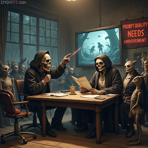 Skeletal figures in dark robes sit at a table reviewing a fantasy scene on a screen with a sign reading 'Prompt Quality Needs Improvement'.