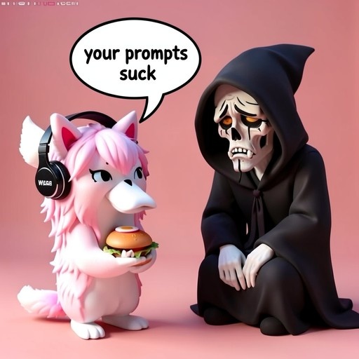 A pink furry character with headphones and a burger tells a sad skeleton in a black robe that its prompts suck.