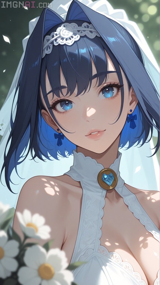 Ouro Kronii in a white bridal gown and veil with blue bow earrings.