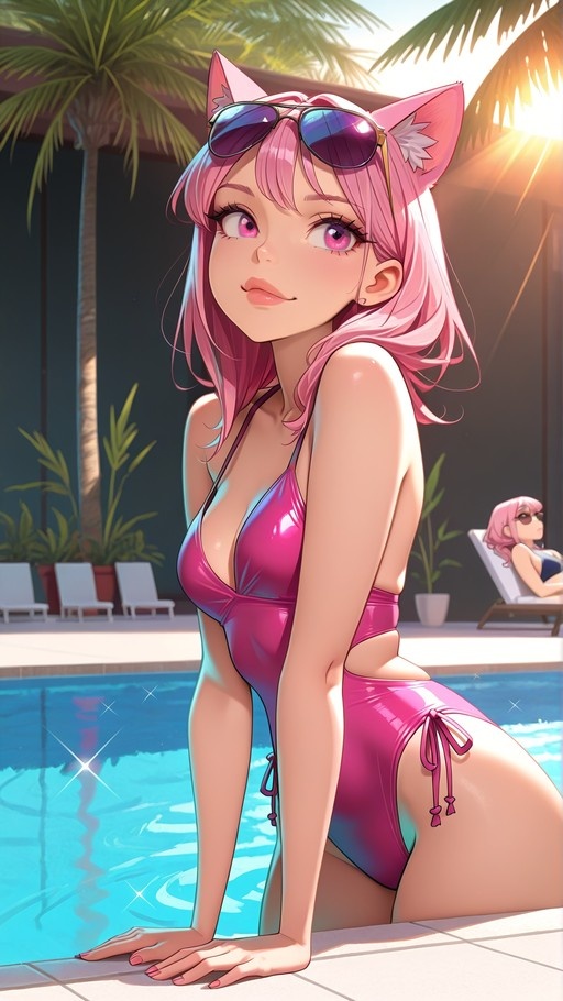 An anime-style girl with long pink hair and cat ears kneels at the edge of a swimming pool, wearing a glossy pink one-piece swimsuit and sunglasses on her head.