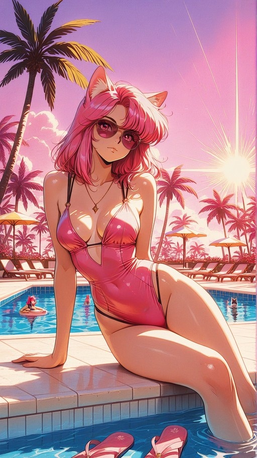 A pink-haired anime girl with cat ears wearing a shiny pink swimsuit and sunglasses sits by a pool at sunset, dipping her feet in the water.