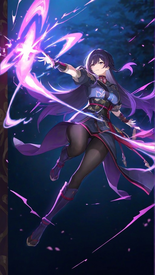 Raiden Mei from Honkai Impact 3rd floating in mid-air, casting a swirling purple energy slash with her right hand, surrounded by cherry blossom petals.
