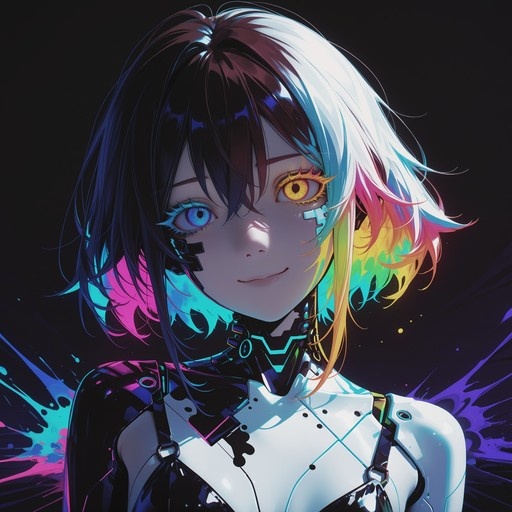 A cybernetic girl with short black and white hair fading into rainbow colors, heterochromatic blue and yellow eyes, and a glowing futuristic collar against a dark background with paint splatters.